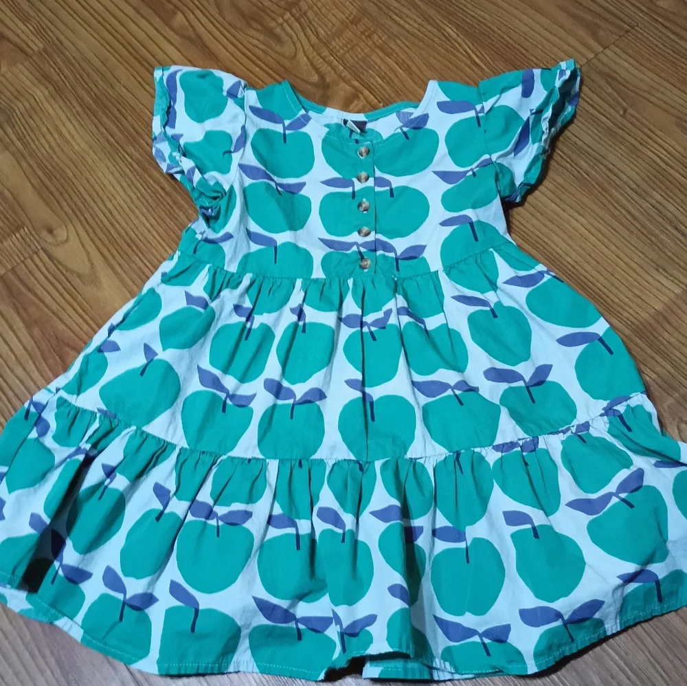 Tea Collection Girls Teal Green Graphic Apple Tiered Dress Size 6